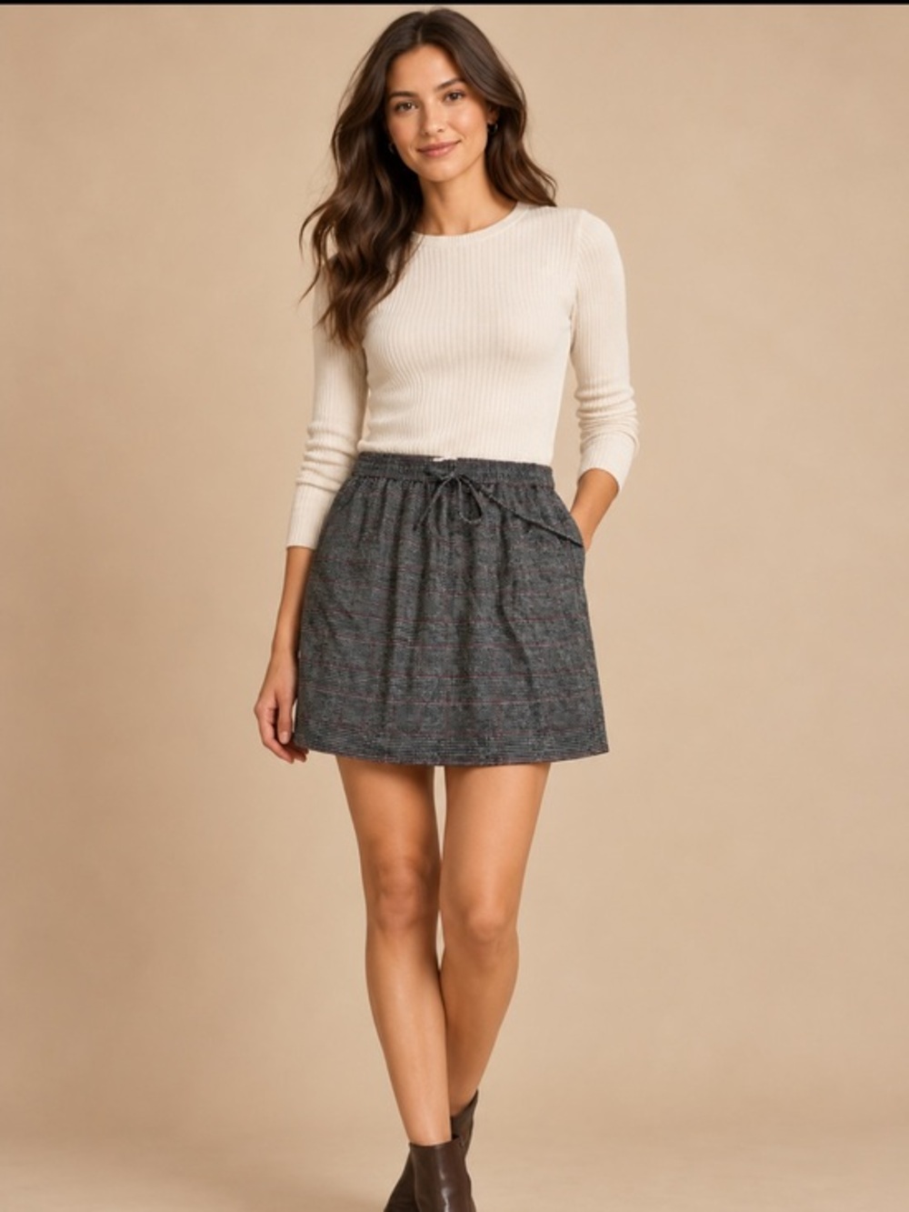 LOFT Outlet Plaid Pull On Mini Skirt Drawstring Waist Lined Medium